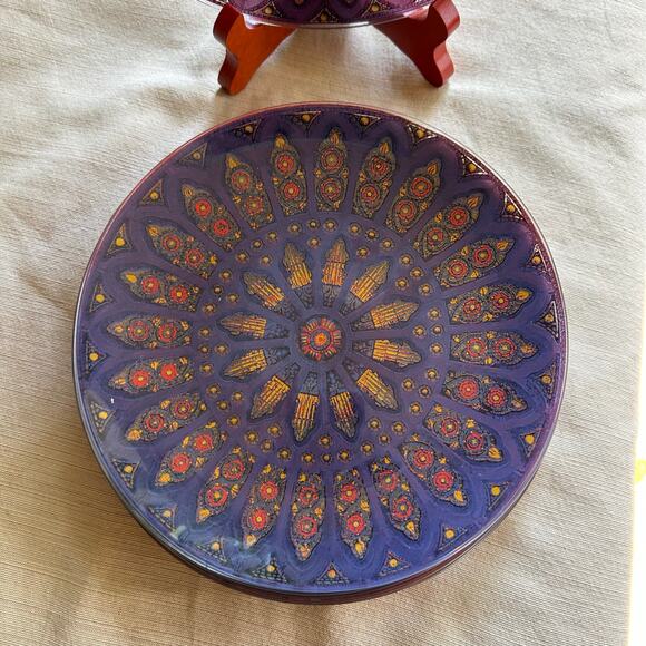 Vintage 8” Pilgrim Glass Silhouette Stained Glass Window Plate Purple ~ set of 5 - Picture 3 of 16